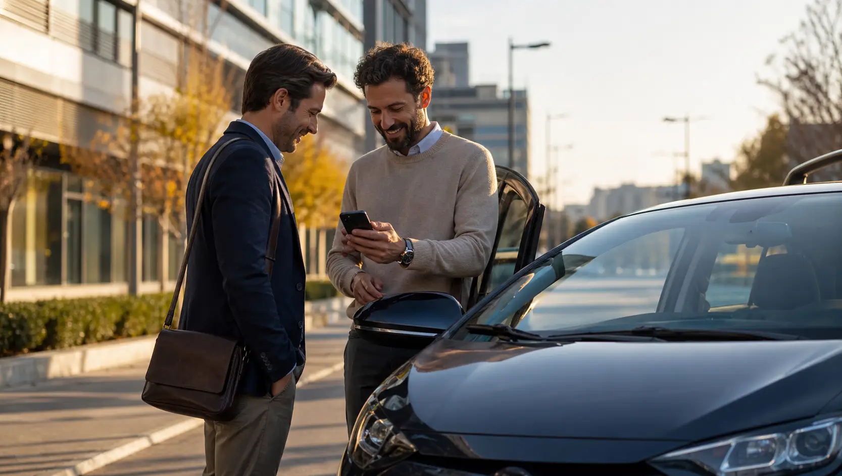 Dos profesionales compartiendo coche en un trayecto al trabajo con Mube